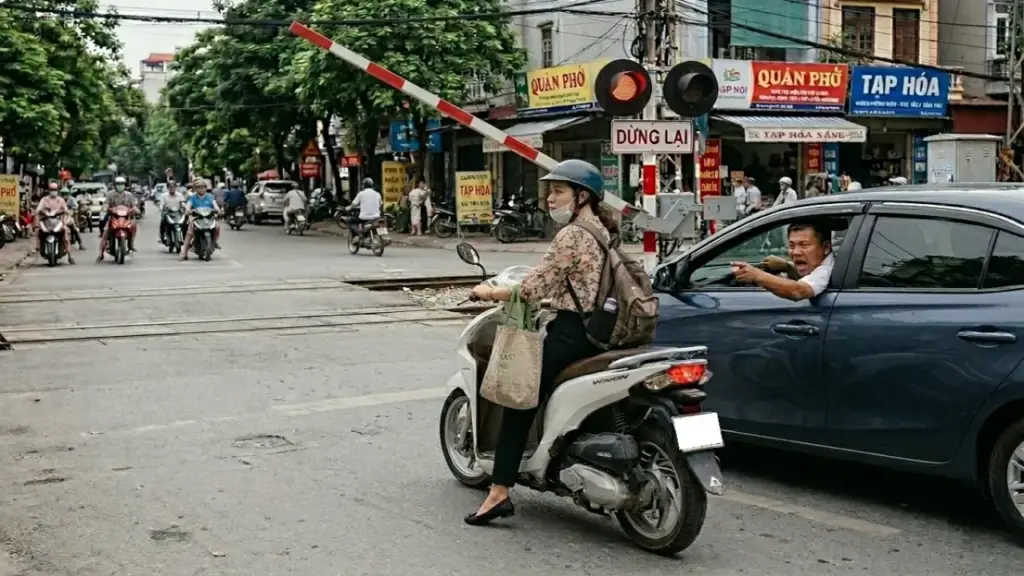 Tài xế ôtô hét vào mặt tôi vì dừng xe khi rào chắn đường sắt chưa hạ